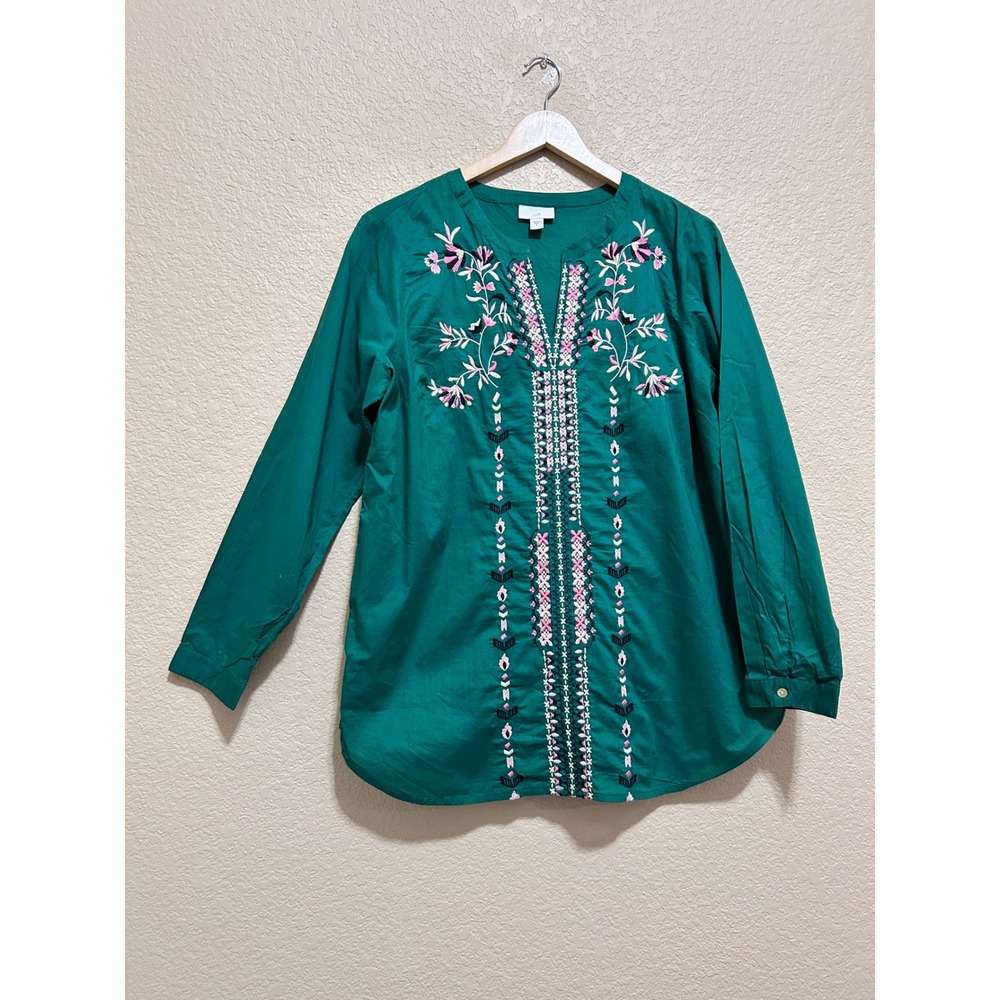 J. Jill S Embroidered Cotton Tunic shirt Green Boho Floral rose garden medieval